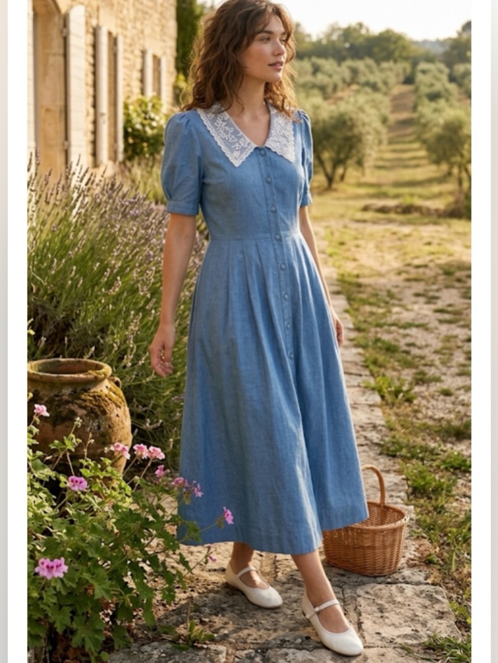 Vintage Laura Ashley Chambray Prairie Dress Lace Collar Cottagecore Size 10